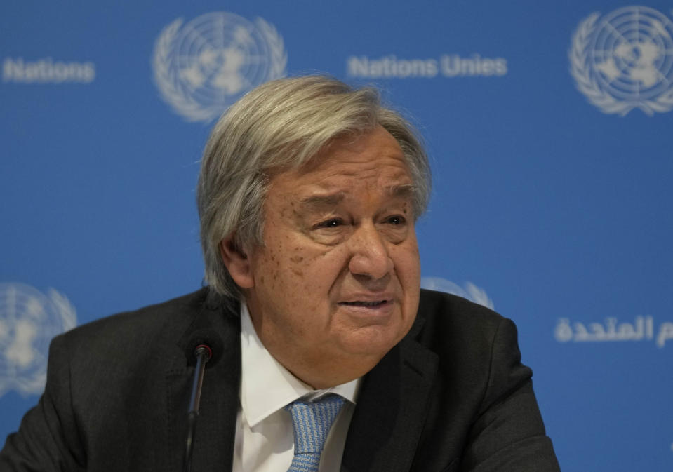 U.N. Secretary General Antonio Guterres addresses a press conference ahead of the G20 Summit in New Delhi, India, Friday, Sept., 8, 2023. (AP Photo/Channi Anand)