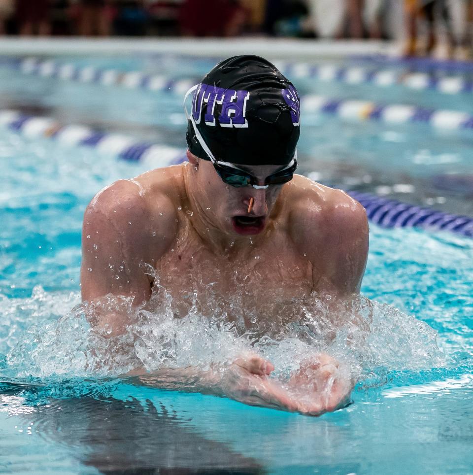 South's David Kovacs swims the 200 Yard Individual Medley race during the 2024 Counsilman Classic Swimming & Diving Meet between the Bloomington North Cougars and Bloomington South Panthers at Bloomington High School South Natatorium on January 13, 2024