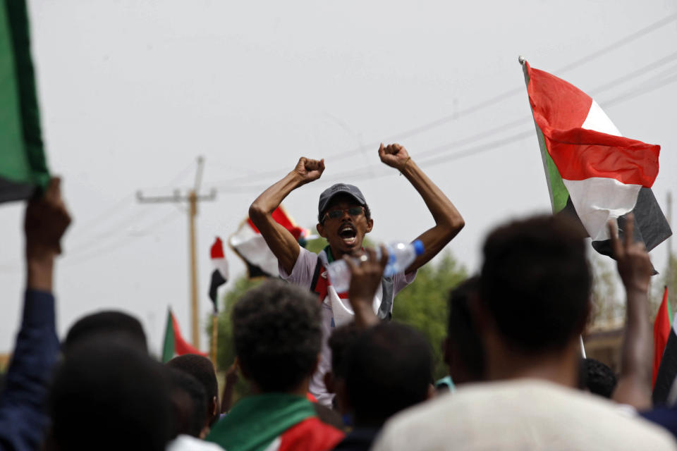 Sudanese protesters march during a demonstration in Khartoum, Sudan, Thursday, Aug. 1, 2019. Sudanese pro-democracy activists have posted videos on social media showing thousands of people taking to the streets in the capital, Khartoum. The Sudanese Professionals Association said Thursday that the rallies are demanding justice for the killing of at least six people, including four students, earlier this week during student protests in a central province. (AP Photo)