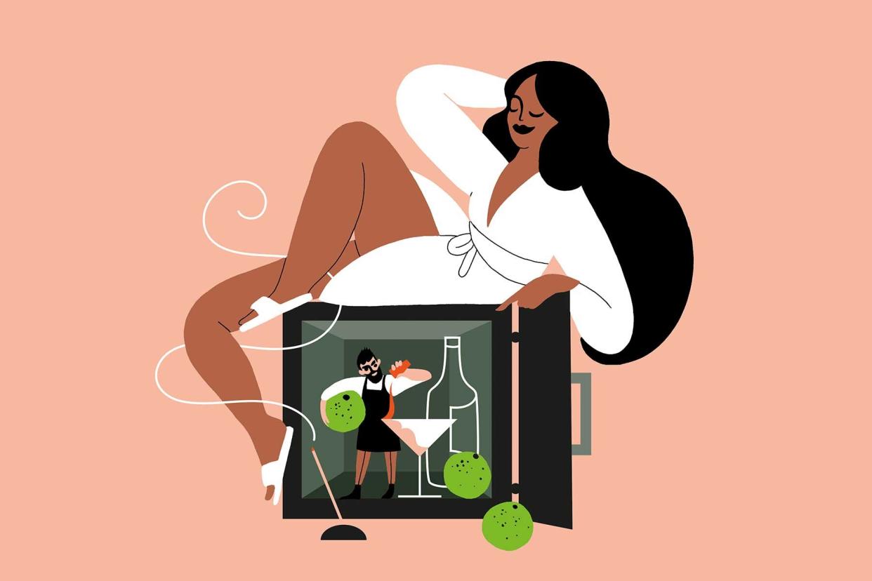 Illustration depicting a woman sitting on top of a mini-fridge, with a man making a cocktail inside the fridge
