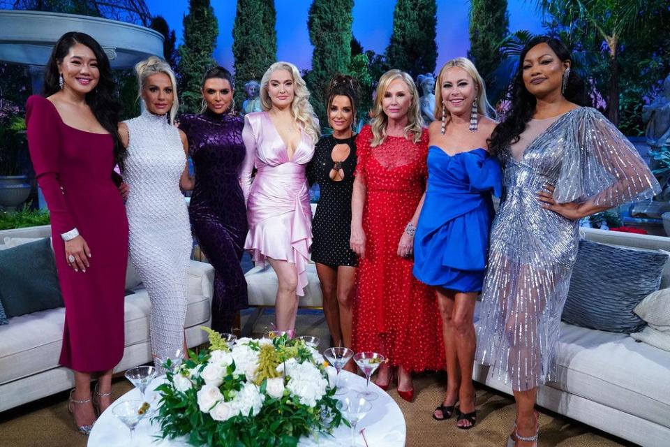 "The Real Housewives of Beverly Hills" cast at the Season 11 reunion filmed in 2021. From left: Crystal Kung Minkoff, Dorit Kemsley, Lisa Rinna, Erika Girardi, Kyle Richards, Kathy Hilton (friend), Sutton Stracke and Garcelle Beauvais.