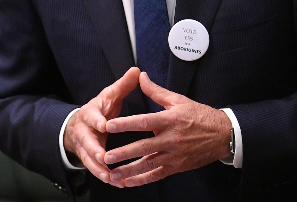 A badge adorns the jacket of Australian Prime Minister Malcolm Turnbull