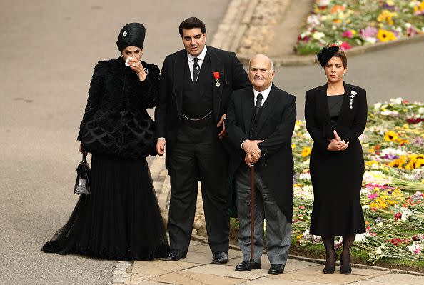 WINDSOR, ENGLAND - SEPTEMBER 19: (R) Princess Haya bint Al Hussein and guests arrive at The Committal Service for Queen Elizabeth II at Windsor Castle on September 19, 2022 in Windsor, England. The committal service at St George's Chapel, Windsor Castle, took place following the state funeral at Westminster Abbey. A private burial in The King George VI Memorial Chapel followed. Queen Elizabeth II died at Balmoral Castle in Scotland on September 8, 2022, and is succeeded by her eldest son, King Charles III. (Photo by Ryan Pierse/Getty Images)