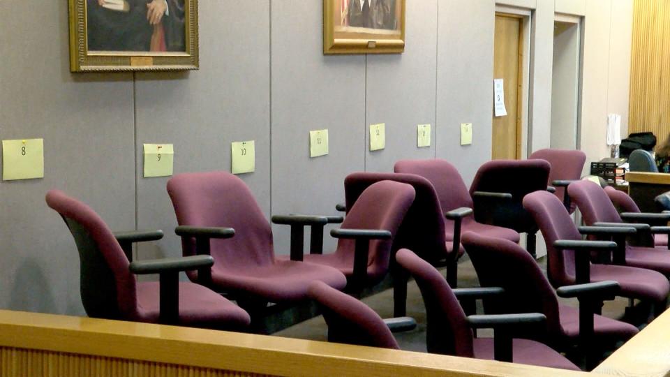 The jury box is empty after Superior Court Judge Jill Grace O'Malley declared a mistrial Thursday, March 23, 2023, in the murder trial of Vernon Sanders and Avery Hopes at the Monmouth County Courthouse in Freehold.  The mistrial was declared after one of the jurors felt bullied and was suffering from physical distress.    The men are charged in the murder of Denzel Morgan-Hicks in Asbury Park.