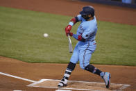 Toronto Blue Jays' Jonathan Villar grounds out, scoring Cavan Biggio during the first inning of a baseball game against the Miami Marlins, Tuesday, Sept. 1, 2020, in Miami. (AP Photo/Wilfredo Lee)