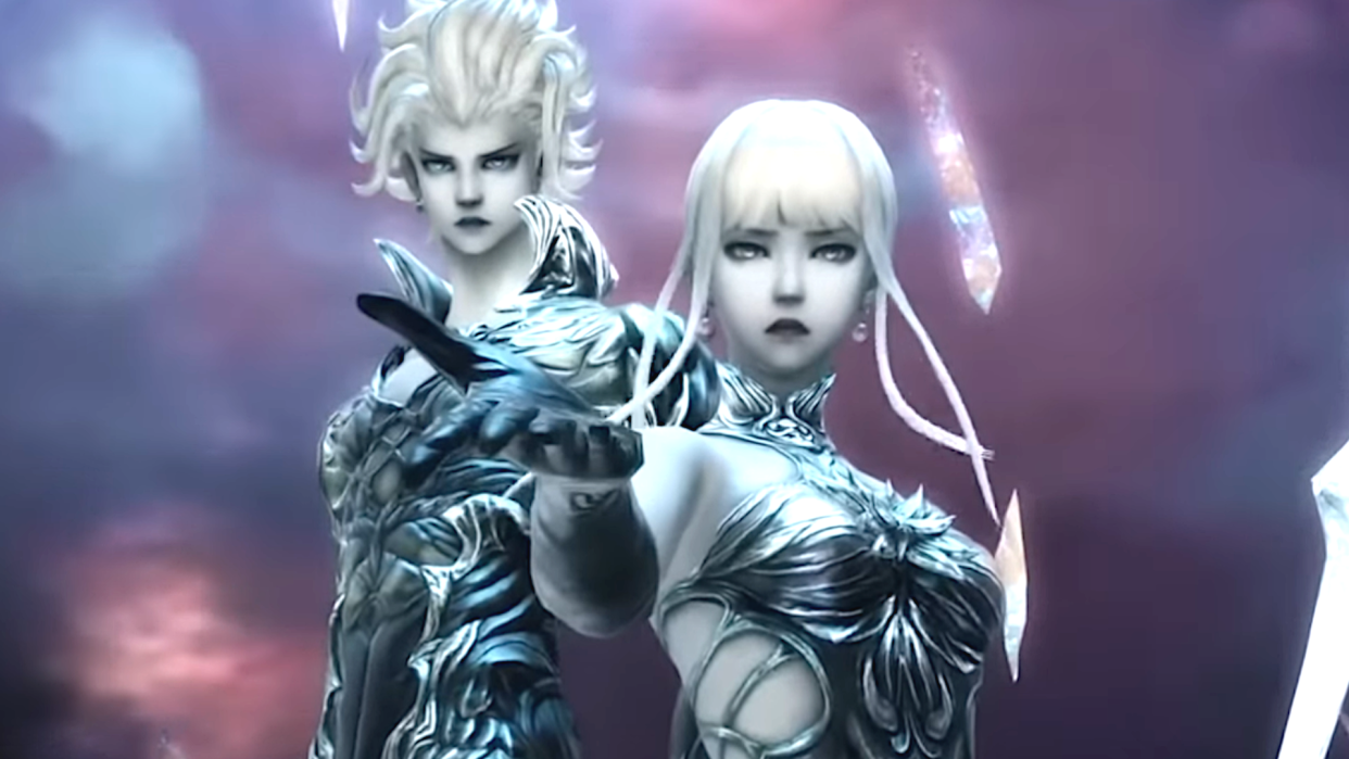  An image of two imposing figures - one female, one male - from the Omega Protocol, an ultimate in Final Fantasy 14. 