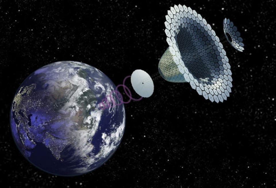 three gigantic space devices hover above Earth like a cone-shaped funnel, with purple swirls radiating down to the planet below on the left.