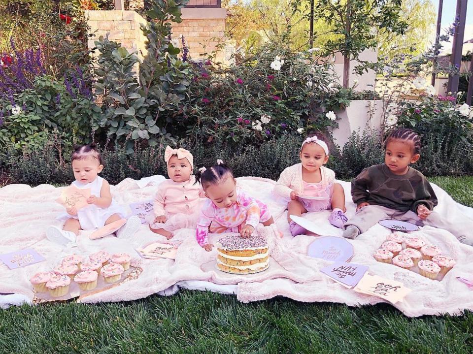 The gang's all here! True rang in her first half-birthday with a <a href="https://people.com/parents/khloe-kardashian-cousin-cupcake-party-true-thompson-six-months/" rel="nofollow noopener" target="_blank" data-ylk="slk:'cousin cupcake' party;elm:context_link;itc:0;sec:content-canvas" class="link ">'cousin cupcake' party</a> surrounded by all the youngest members of her family — Kylie Jenner’s daughter Stormi, 8 months, Kim Kardashian West’s kids Chicago, 8 months, and Saint, 2, and Rob Kardashian’s daughter Dream, 1.