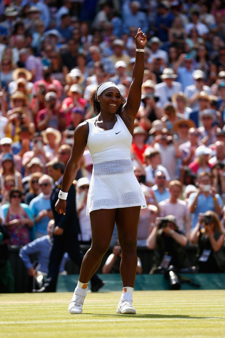 serena williams wimbledon fashion outfits and looks, LONDON, ENGLAND - JULY 11: Serena Williams of United States celebrates after winning the Final of the Ladies Singles against Garbine Muguruza of Spain during the day twelve of the Wimbledon Lawn Tennis Championships at the All England Lawn Tennis and Croquet Club on July 11, 2015 in London, England. (Photo by Julian Finney/Getty Images)
