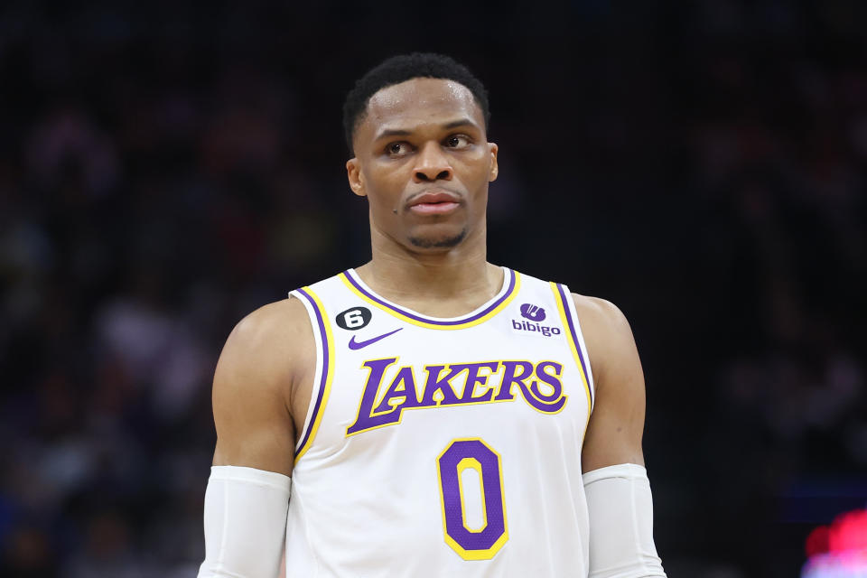 SACRAMENTO, CALIFORNIA - JANUARY 07: Russell Westbrook #0 of the Los Angeles Lakers looks on in the third quarter against the Sacramento Kings at Golden 1 Center on January 07, 2023 in Sacramento, California. NOTE TO USER: User expressly acknowledges and agrees that, by downloading and/or using this photograph, User is consenting to the terms and conditions of the Getty Images License Agreement. (Photo by Lachlan Cunningham/Getty Images)