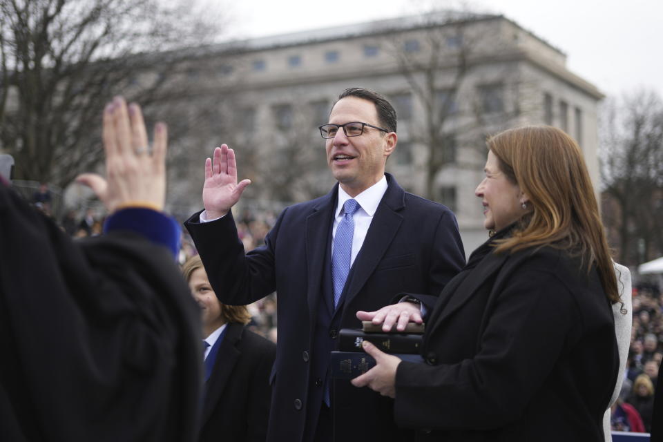 Josh Shapiro is sworn in as Pennsylvania's 48th governor on Tuesday, Jan. 17, 2023, at the state Capitol in Harrisburg, Pa. (AP Photo/Matt Rourke)