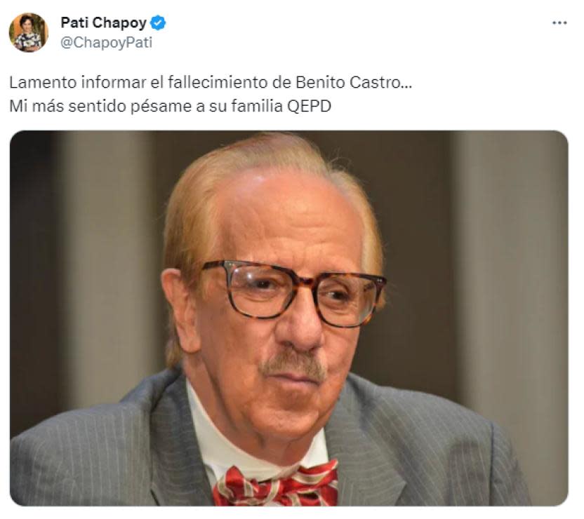 Pati Chapoy informa sobre la muerte de Benito Castro. (Fuente: Twitter)