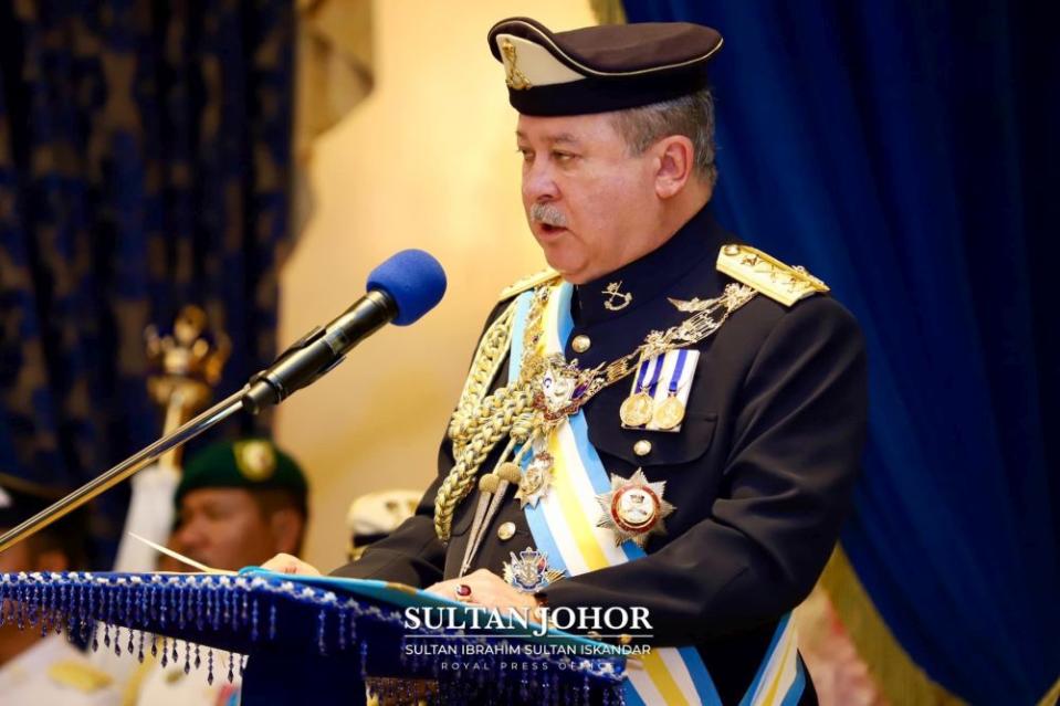 Sultan Ibrahim said he was disappointed with the continued politicking in the state. — Picture courtesy of the Johor Royal Press Office
