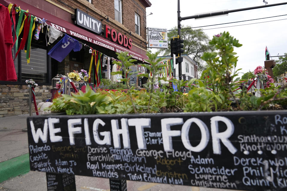 Tributes are displayed on the three-year anniversary of George Floyd's death at George Floyd Square, Thursday, May 25, 2023, in Minneapolis. The murder of Floyd at the hands of Minneapolis police, and the fervent protests that erupted around the world in response, looked to many observers like the catalyst needed for a nationwide reckoning on racism in policing. (AP Photo/Abbie Parr)