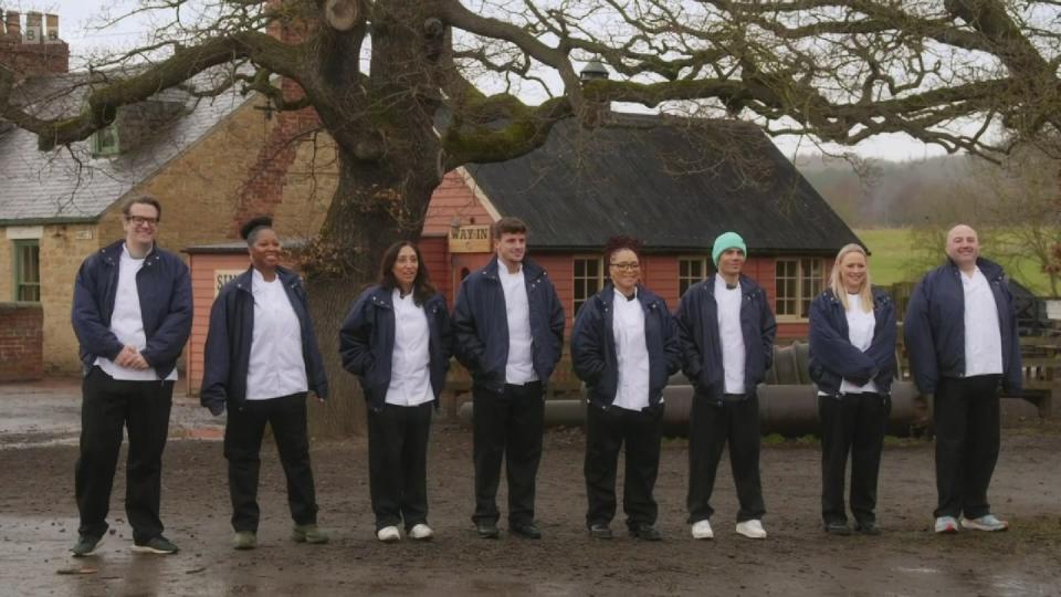 celebrity masterchef 2023 semi final 1 line ip, left to right, marcus brigstocke, jamelia, shazia mirza, luca bish, mica ben, maz george, amy walsh, wynne evans