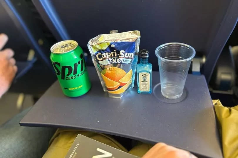 Photo shows the drinks laid out on the tray table