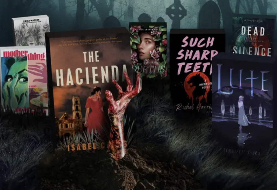 A graveyard peppered with horror novel covers, one hand in the middle sticks out from a grave