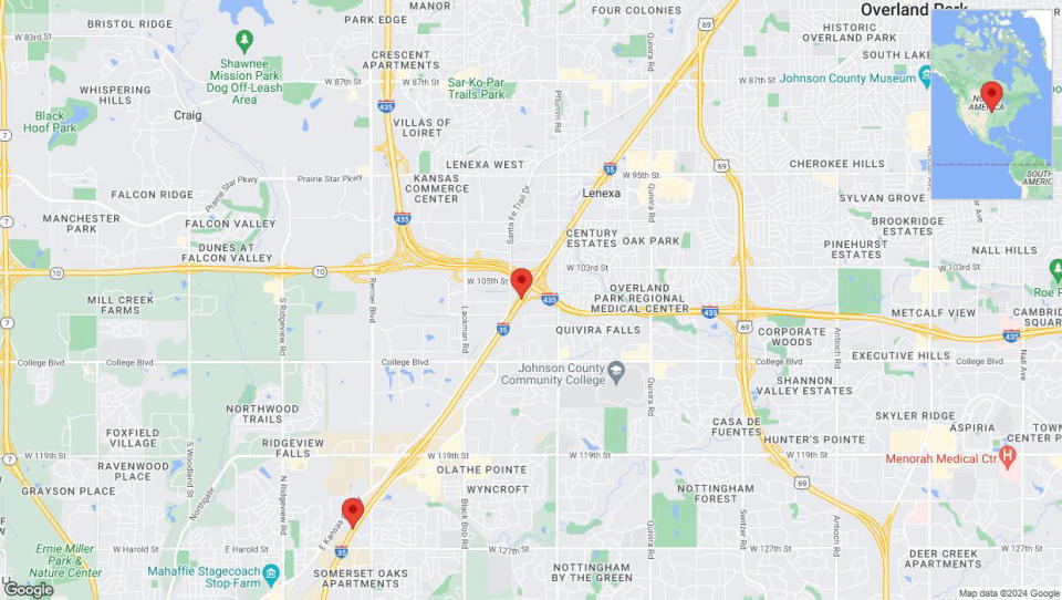 A detailed map that shows the affected road due to 'Heavy rain prompts traffic warning on westbound I-35 in Lenexa' on May 31st at 4:52 p.m.