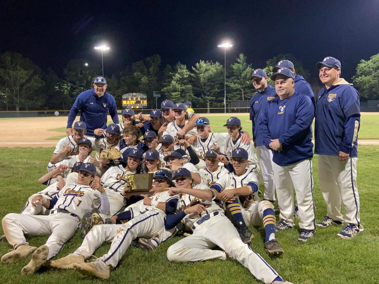 The Ramsey baseball team celebrates its first state championship after defeating Haddon Heights, 5-2, in the NJSIAA Group 2 final at Veterans Park in Hamilton on Saturday, June 18, 2022.