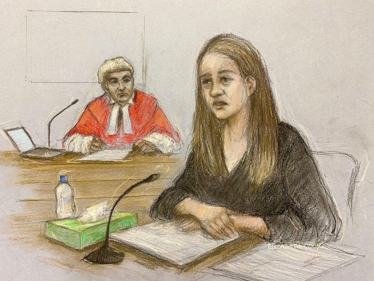 A court sketch of Lucy Letby giving evidence in the dock at Manchester Crown Court. (PA)