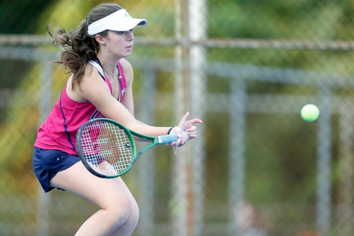 Lincoln No. 2 Anna Danis keeps her eye on the ball as she readies to hit a return during her win Tuesday against Chariho.