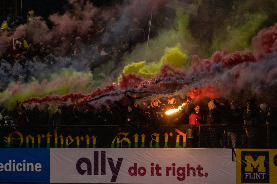 DCFC fans celebrate during the game between Detroit City FC and Columbus Crew at Keyworth Stadium in Hamtramck on Tuesday, April 19, 2022.