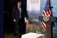 <p>President Donald Trump arrives for a news conference at the G-7 summit, Saturday, June 9, 2018, in Charlevoix, Canada. (Photo: Evan Vucci/AP) </p>