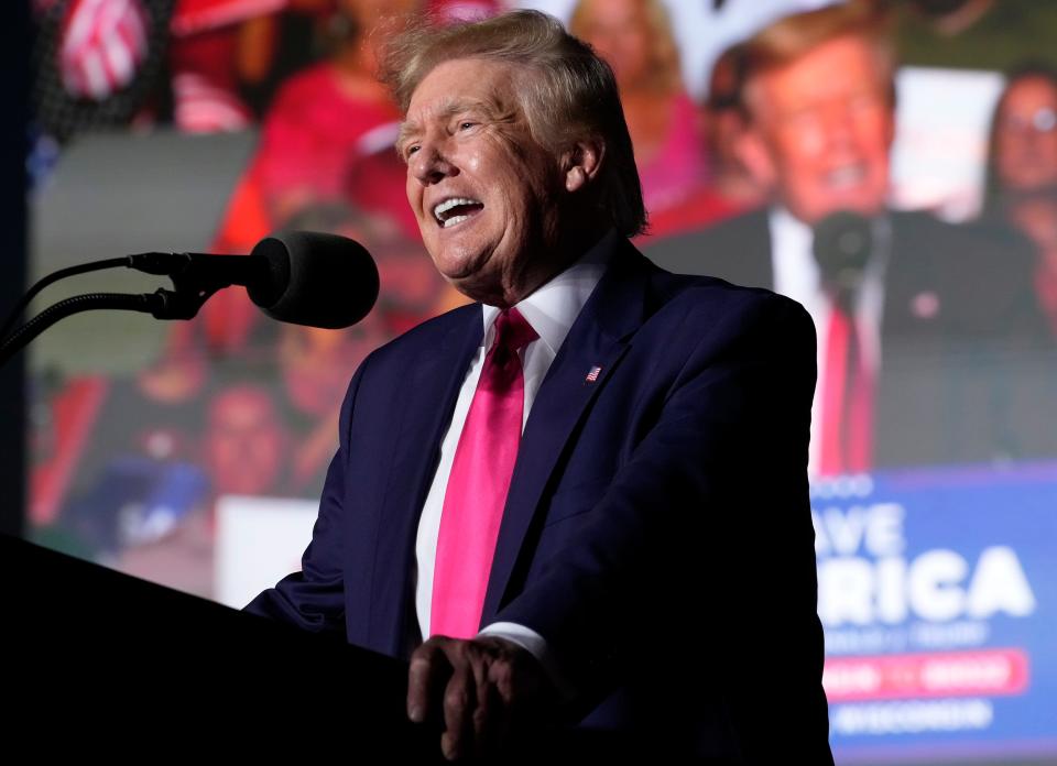 Former President Donald Trump speaks during a campaign rally for Republican candidate for governor Tim Michels at the Waukesha County Fairgrounds in Waukesha, Wisconsin, on Aug. 5, 2022.