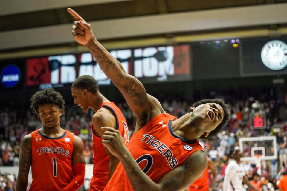Jan 11, 2022; Tuscaloosa, Alabama, USA; Auburn Tigers guard K.D. Johnson (0) reacts after a play against Alabama Crimson Tide during the second half at Coleman Coliseum. Mandatory Credit: Marvin Gentry-USA TODAY Sports
