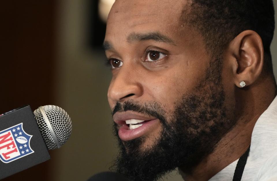 Philadelphia Eagles cornerback Darius Slay (2) answers questions from the media during team availability at Sheraton Grand at Wild Horse Pass in Phoenix on Feb. 7, 2023.