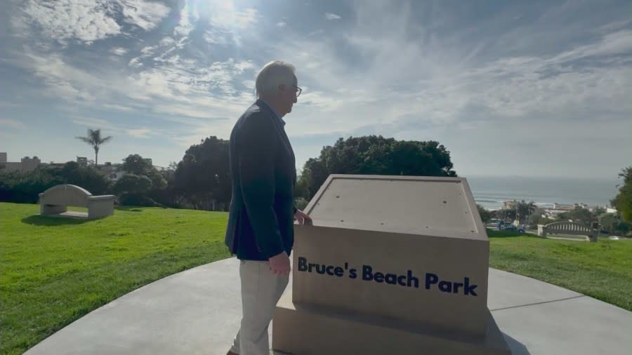 Manhattan Beach Mayor Joe Franklin mourns the loss of a stolen bronze plaque from Bruce's Beach Park in Manhattan Beach on Jan. 30, 2024. (KTLA)