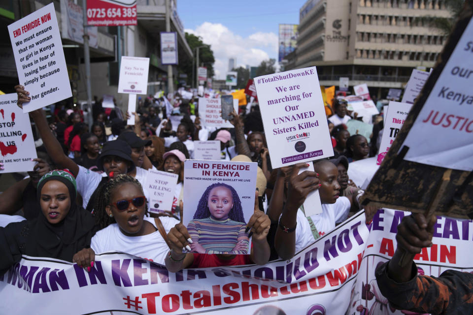 Thousands, mostly women protesters march against the runaway cases of femicide, in downtown Nairobi, Kenya Saturday, Jan. 27, 2024. Thousands of people marched in cities and towns in Kenya during protests Saturday over the recent slayings of more than a dozen women. The anti-femicide demonstration was the largest event ever held in the country against sexual and gender-based violence. (AP Photo/Brian Inganga)