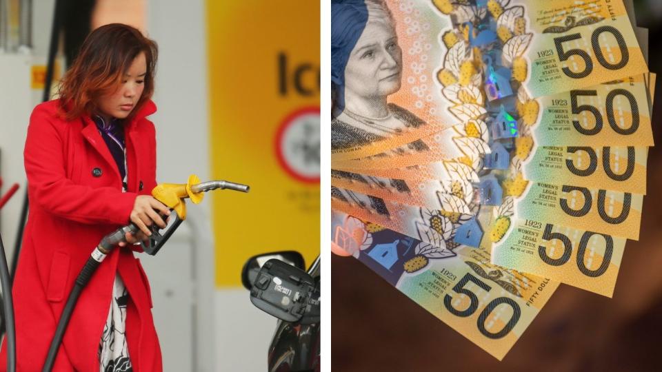 woman holding petrol nozzle and cash