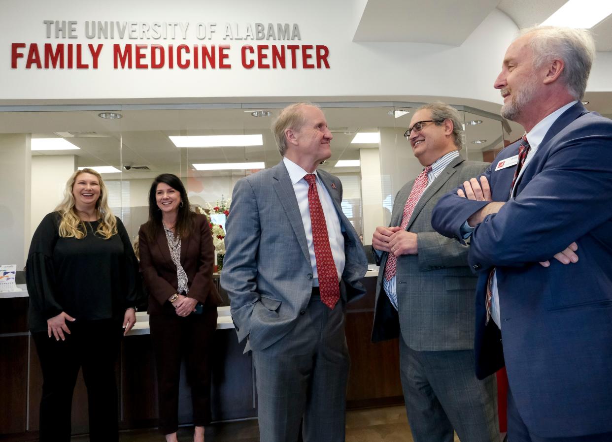 Jan 19, 2023; Northport, AL, USA; The University of Alabama opened the new University Medical Center in Northport Thursday. University of Alabama President Stuart Bell speaks with dean of the college of community health sciences Ricky Friend and Jim Dalton at the opening.