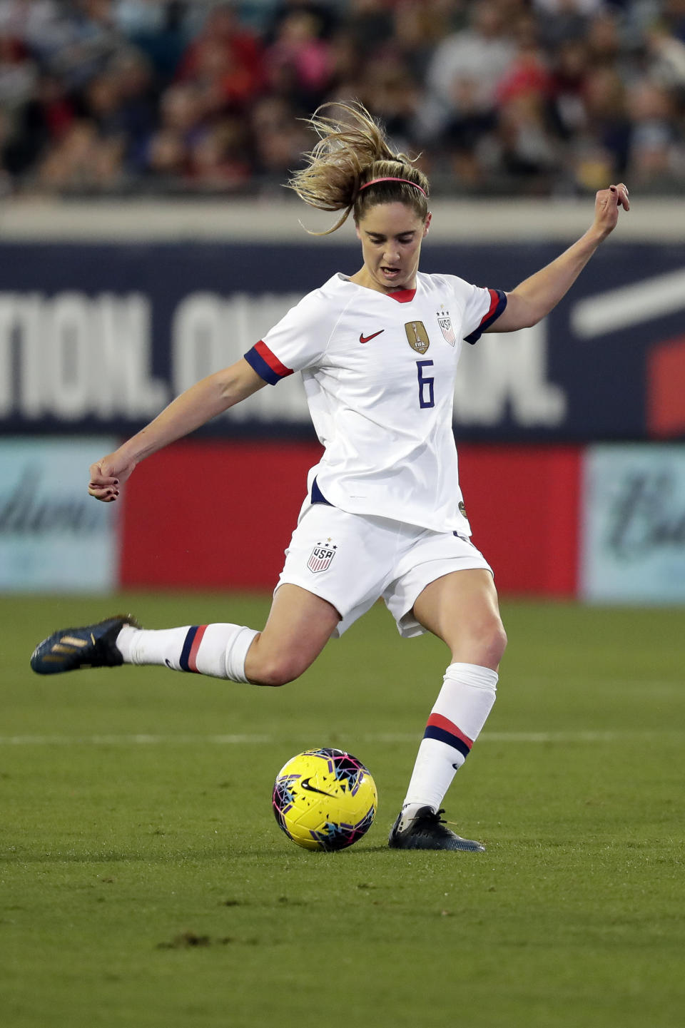 U.S. midfielder Morgan Brian (6) shoots against Costa Rica during the first half of an international friendly soccer match Sunday, Nov. 10, 2019, in Jacksonville, Fla. (AP Photo/John Raoux)