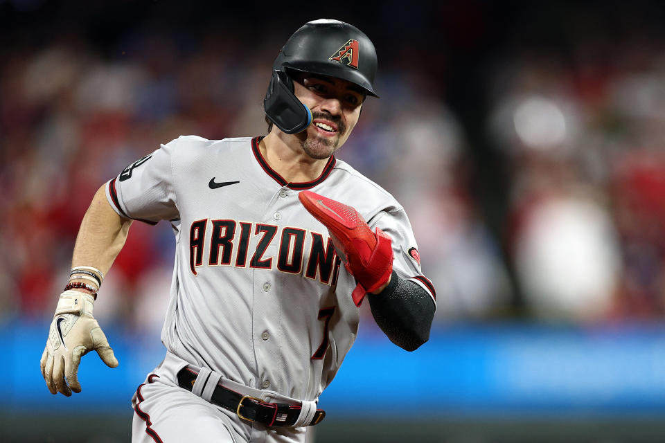 PHILADELPHIA, PENNSYLVANIA - OCTOBER 23: Corbin Carroll #7 of the Arizona Diamondbacks rounds the bases to score in the fifth inning against the Philadelphia Phillies during Game Six of the Championship Series at Citizens Bank Park on October 23, 2023 in Philadelphia, Pennsylvania. (Photo by Elsa/Getty Images)