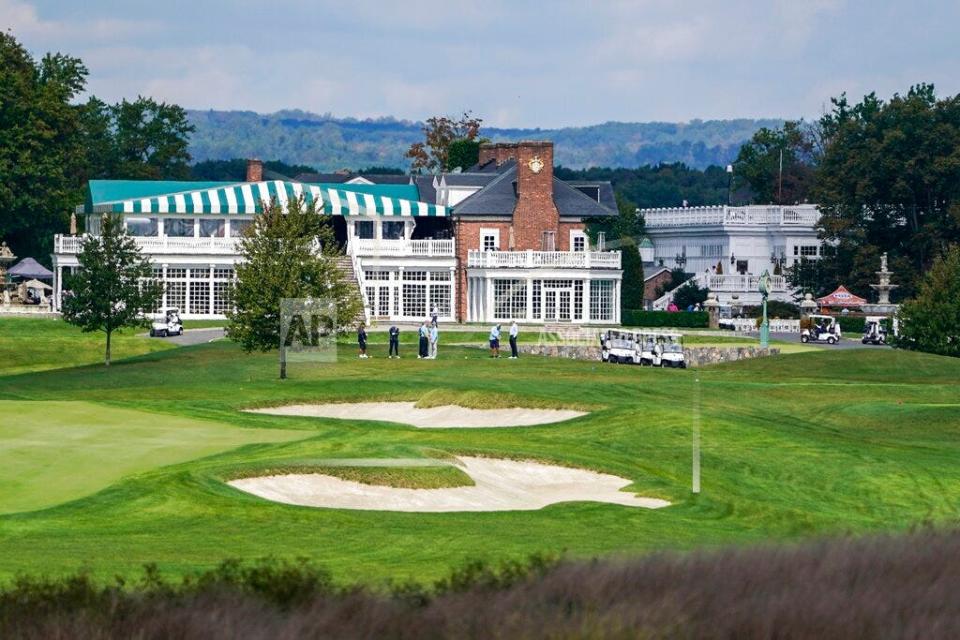 Golfers gather at Trump National Golf Club in Bedminster, N.J., on Oct. 2, 2020. A group of Sept. 11 victims' family members are condemning former President Donald Trump for hosting the Saudi-backed LIV golf tour at his New Jersey course this week.