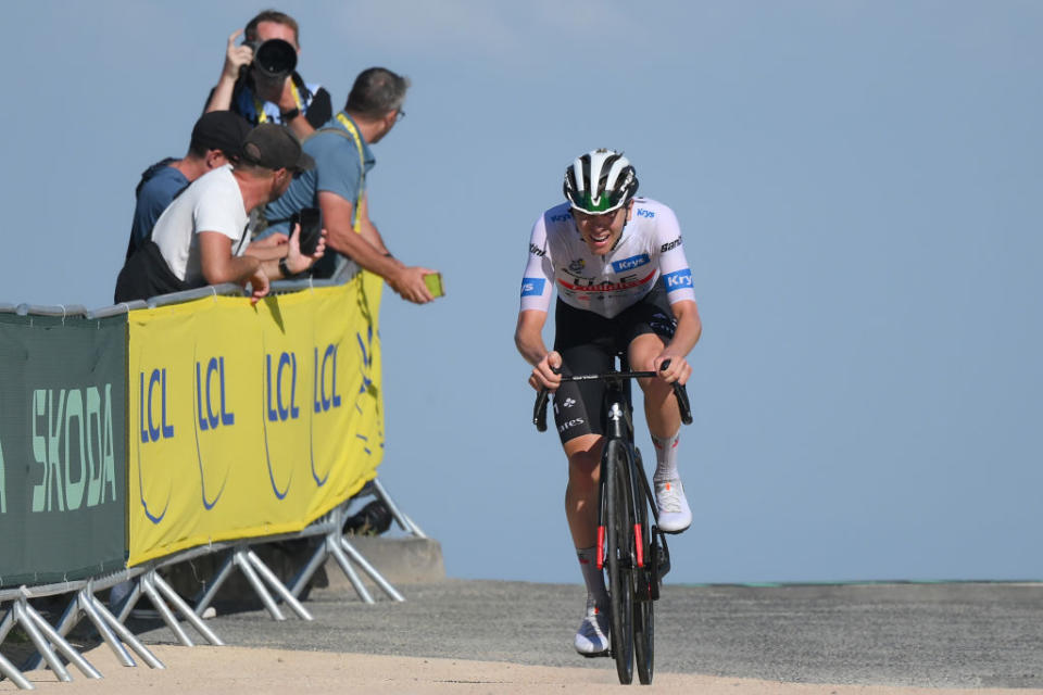 PUY DE DME FRANCE  JULY 09 Tadej Pogacar of Slovenia and UAE Team Emirates  White Best Young Rider Jersey crosses the finish line during the stage nine of the 110th Tour de France 2023 a 1824km stage from SaintLonarddeNoblat to Puy de Dme 1412m  UCIWT  on July 09 2023 in Puy de Dme France Photo by David RamosGetty Images