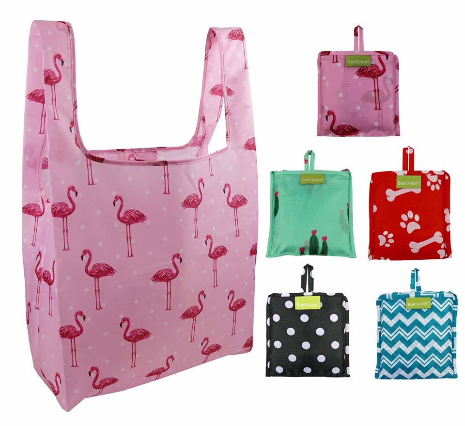 Foldable Reusable Grocery Bags Cute Designs, Folding Shopping Tote Bag Fits in Pocket  