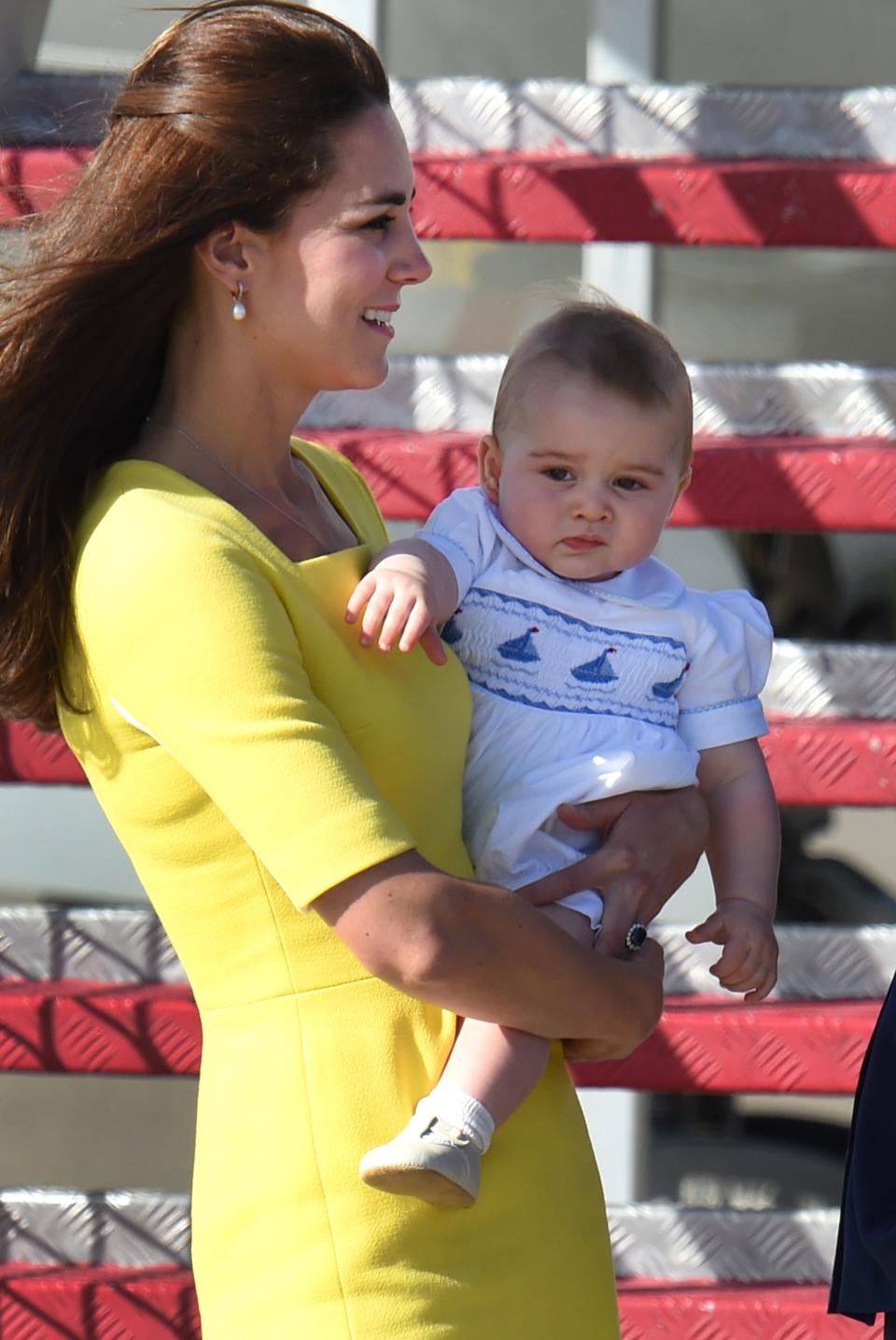 <p>Back in April 2014, the Duke and Duchess of Cambridge took George on his debut royal tour. And the prince certainly dressed the part, as he donned his favourite romper by <a rel="nofollow noopener" href="https://annafie.com/epages/4a3769c4-5aaf-4b67-b22b-bb55ee0591e4.sf/en_GB/?ObjectPath=/Shops/4a3769c4-5aaf-4b67-b22b-bb55ee0591e4/Products/200/SubProducts/100-0001" target="_blank" data-ylk="slk:Annafie;elm:context_link;itc:0;sec:content-canvas" class="link ">Annafie</a>. <em>[Photo: Getty]</em> </p>