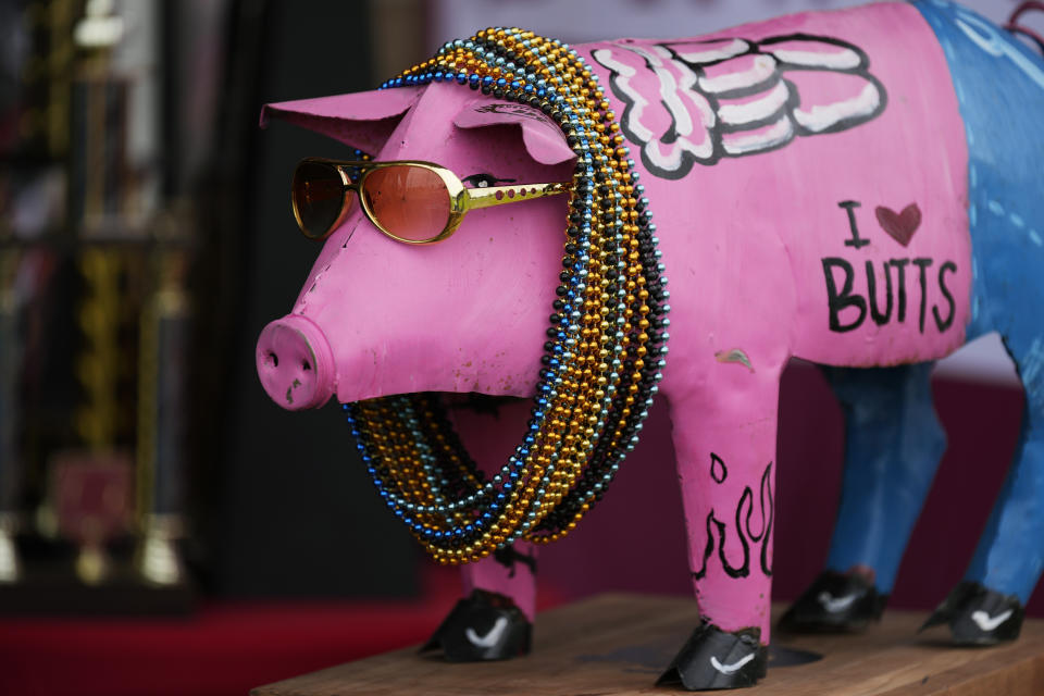 A decorative pig is seen at the World Championship Barbecue Cooking Contest, Saturday, May 18, 2024, in Memphis, Tenn. (AP Photo/George Walker IV)