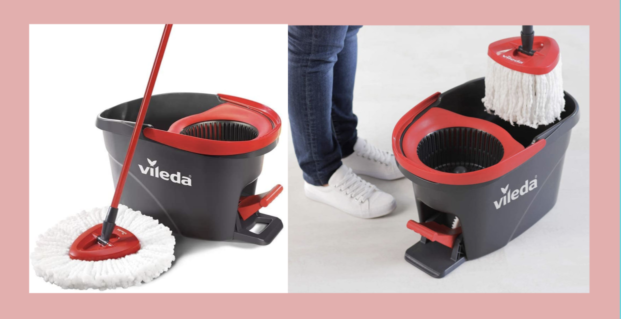 side by side photos of Vileda EasyWring Microfibre Spin Mop & Bucket Floor Cleaning System - Amazon. 