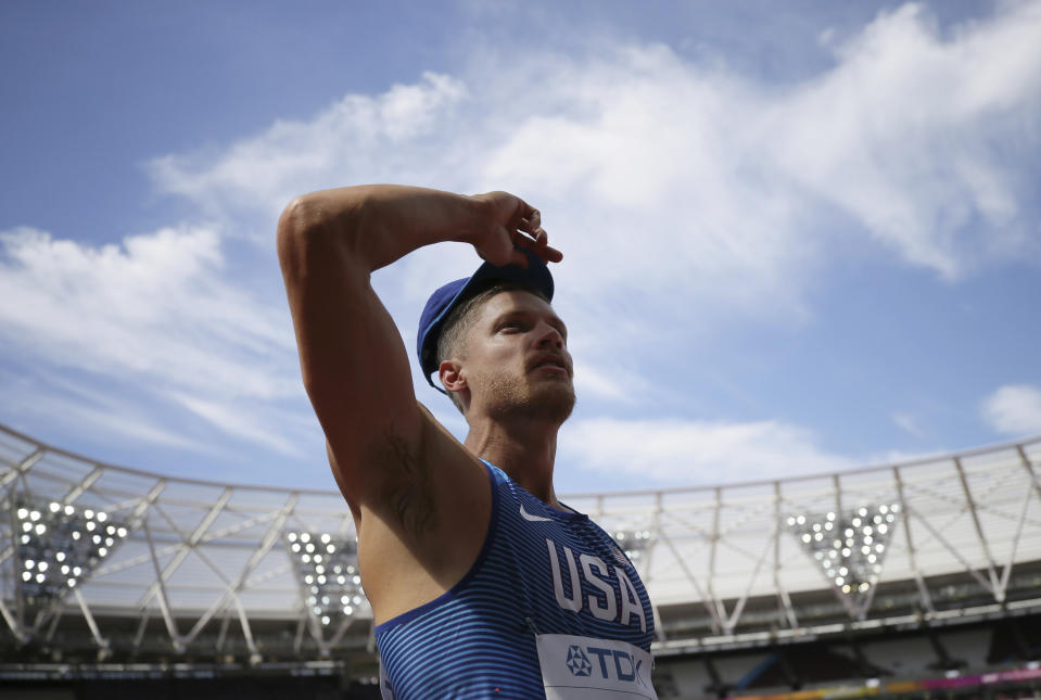 FILE - United States' Trey Hardee prepares to compete in the Decathlon shot put during the World Athletics Championships in London Friday, Aug. 11, 2017. (AP Photo/Tim Ireland, File)