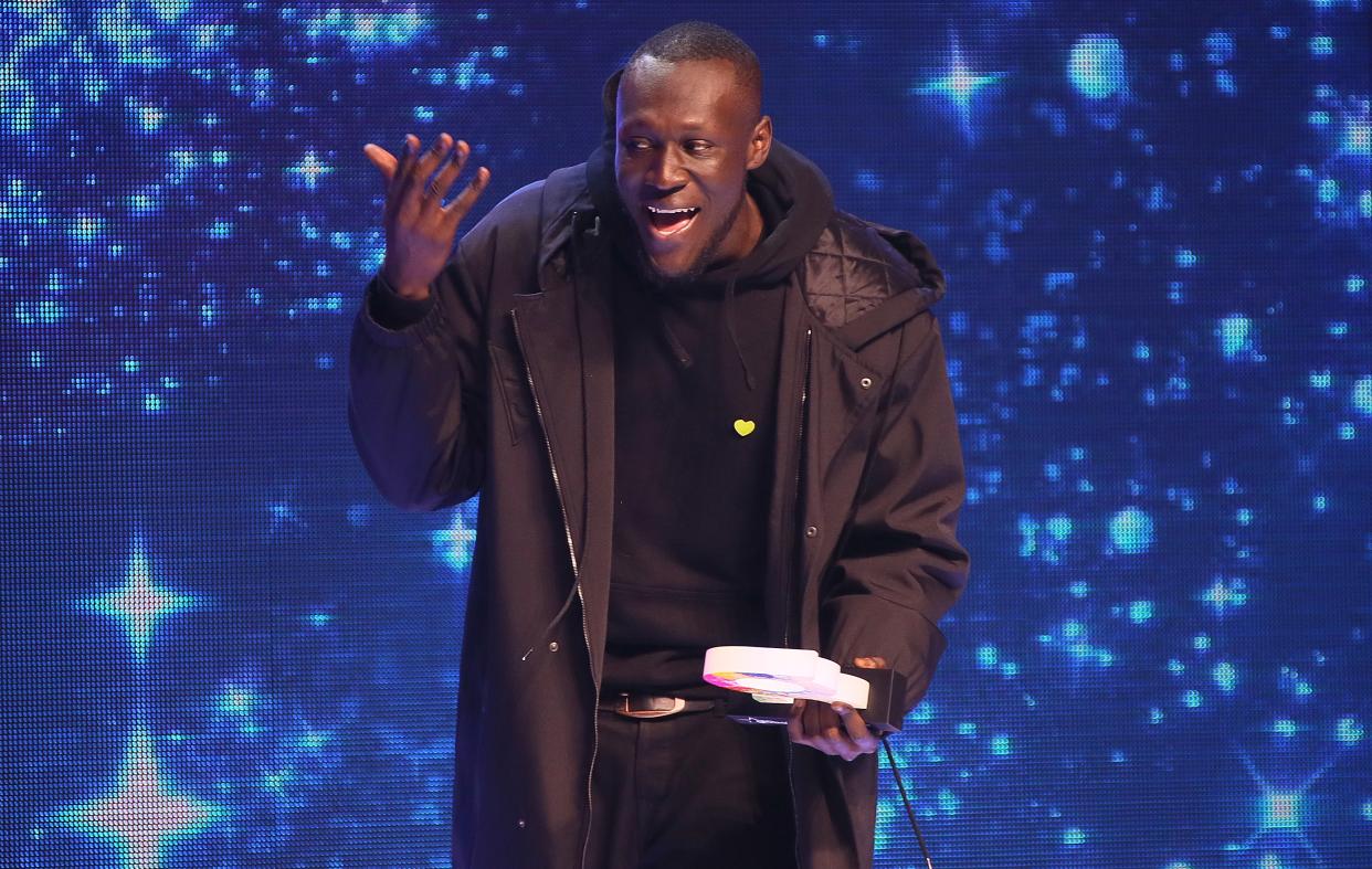 Stormzy delivering a speech during his Global Awards win. (PA)