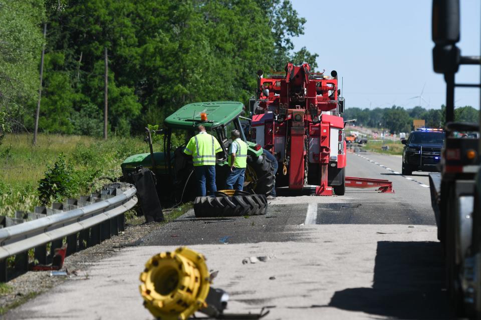 A Clinton County Road Commission tractor involved in crash with a semi hauling tanks of asphalt emulsion on southbound US-127 north of St. Johns on Thursday, June 23, 2022.