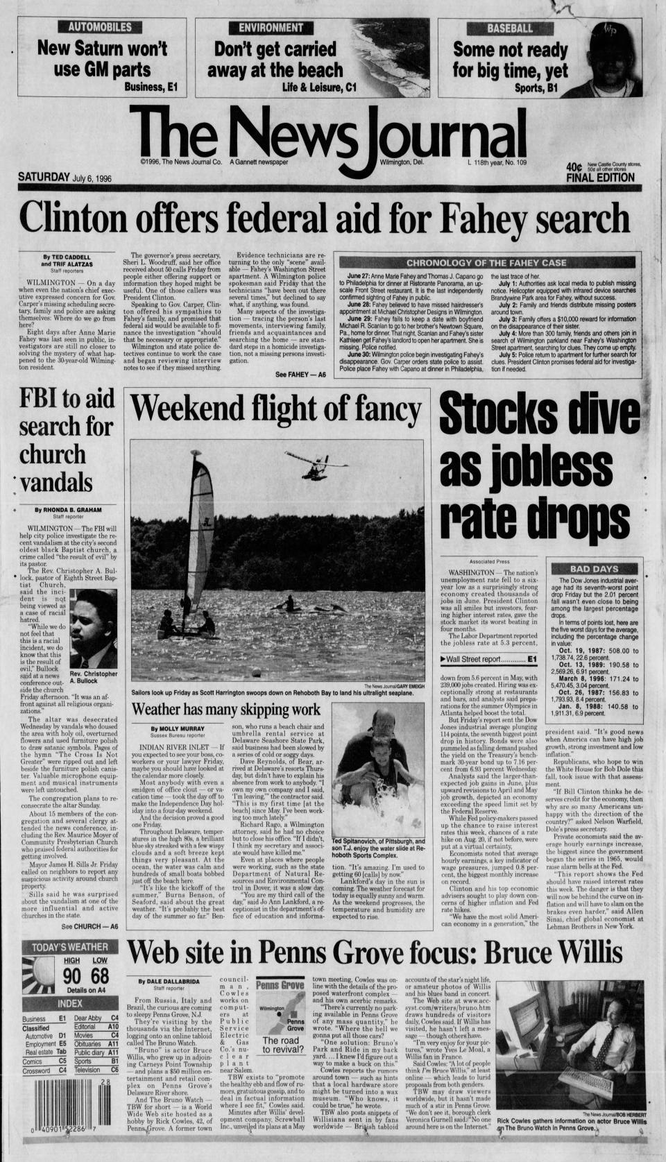 Front page of The News Journal from July 6, 1996.