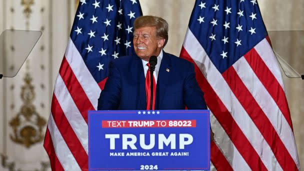 PHOTO: Former President Donald Trump speaks during a press conference following his court appearance over an alleged 'hush-money' payment, at his Mar-a-Lago estate in Palm Beach, Fla., on April 4, 2023. (Chandan Khanna/AFP via Getty Images, FILE)