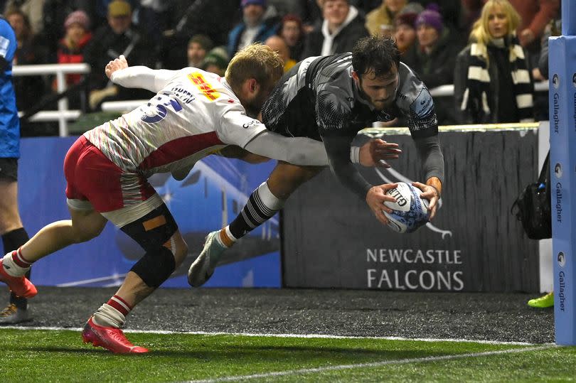 Iwan Stephens dives over for Newcastle Falcons -Credit:Getty Images