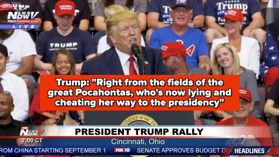 Donald Trump speaking at a rally in Cincinnati, Ohio, with supporters behind him wearing Trump-themed attire