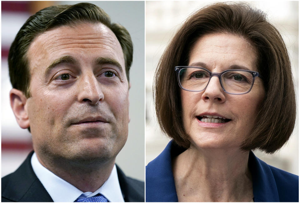 This combination of photos shows Nevada Republican Senate candidate Adam Laxalt speaking on Aug. 4, 2022, in Las Vegas, left, and Sen. Catherine Cortez Masto, D-Nev., speaking on April 26, 2022, in Washington, right. Harry Reid’s chosen successor for his longtime Nevada Senate seat, Catherine Cortez Masto, is running in one of this year’s most closely contested elections. (AP Photo)